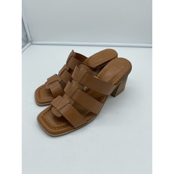 New Marc Fisher LTD Louisa‎ Leather Block Heel Slip On Mules Woven Tan Size 10M - Picture 4 of 8